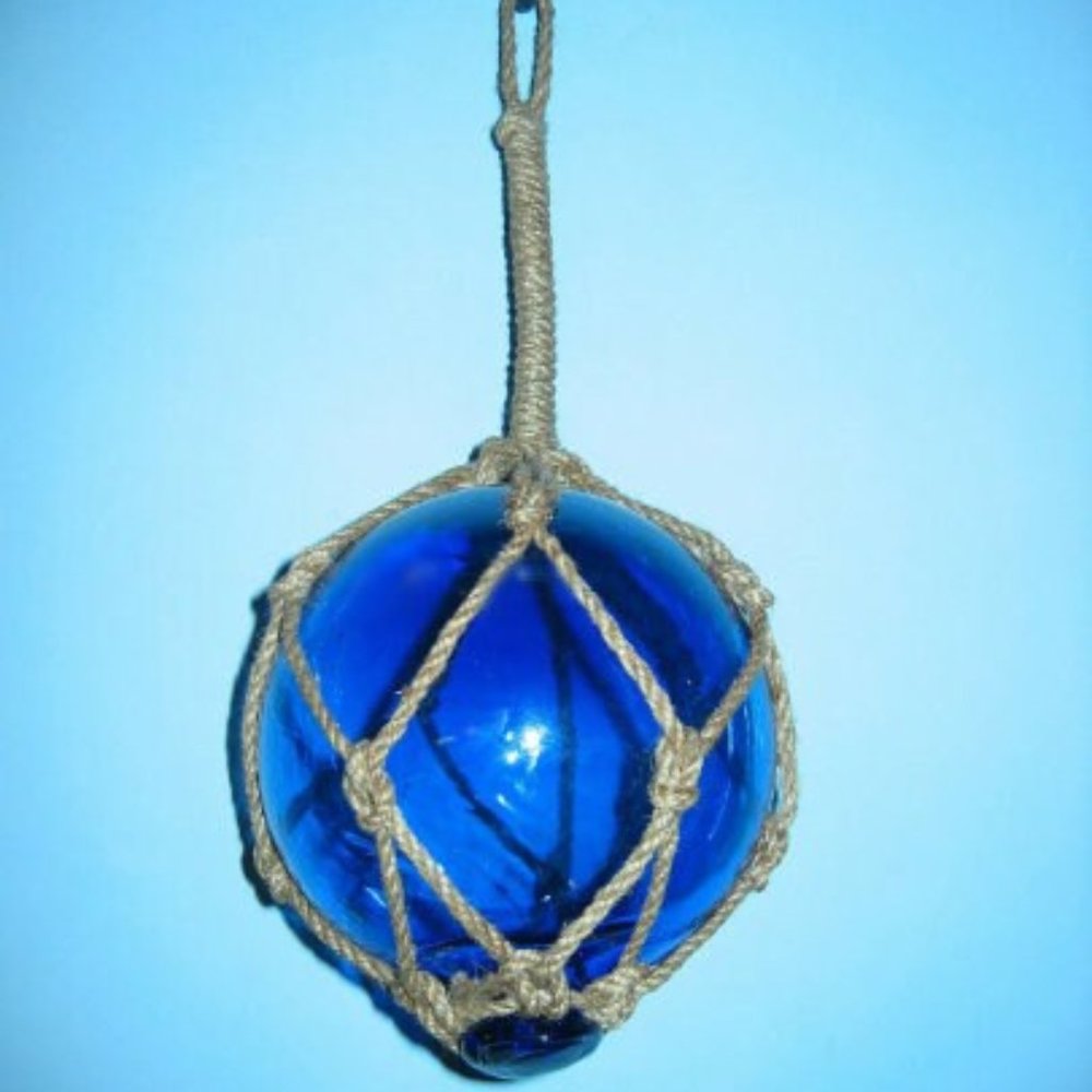 Hand Blown GLASS FISHING FLOAT with Macrame 12" Hanger! Cobalt Bl…